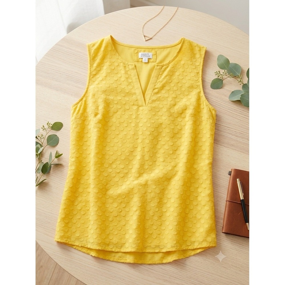 Market & Spruce Yellow Swiss Dot Split Neck Sleeveless Blouse Petite Small
